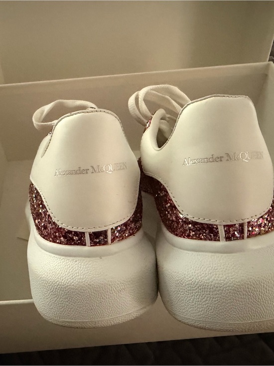 Alexander McQueen Shoes - Alexander McQueen White Sneakers with Pink Glitter Heel Accents
